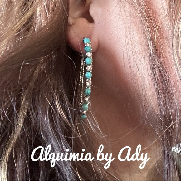Silver Turquoise Hoop Earrings with Bohemian Design - Picture 1 of 3